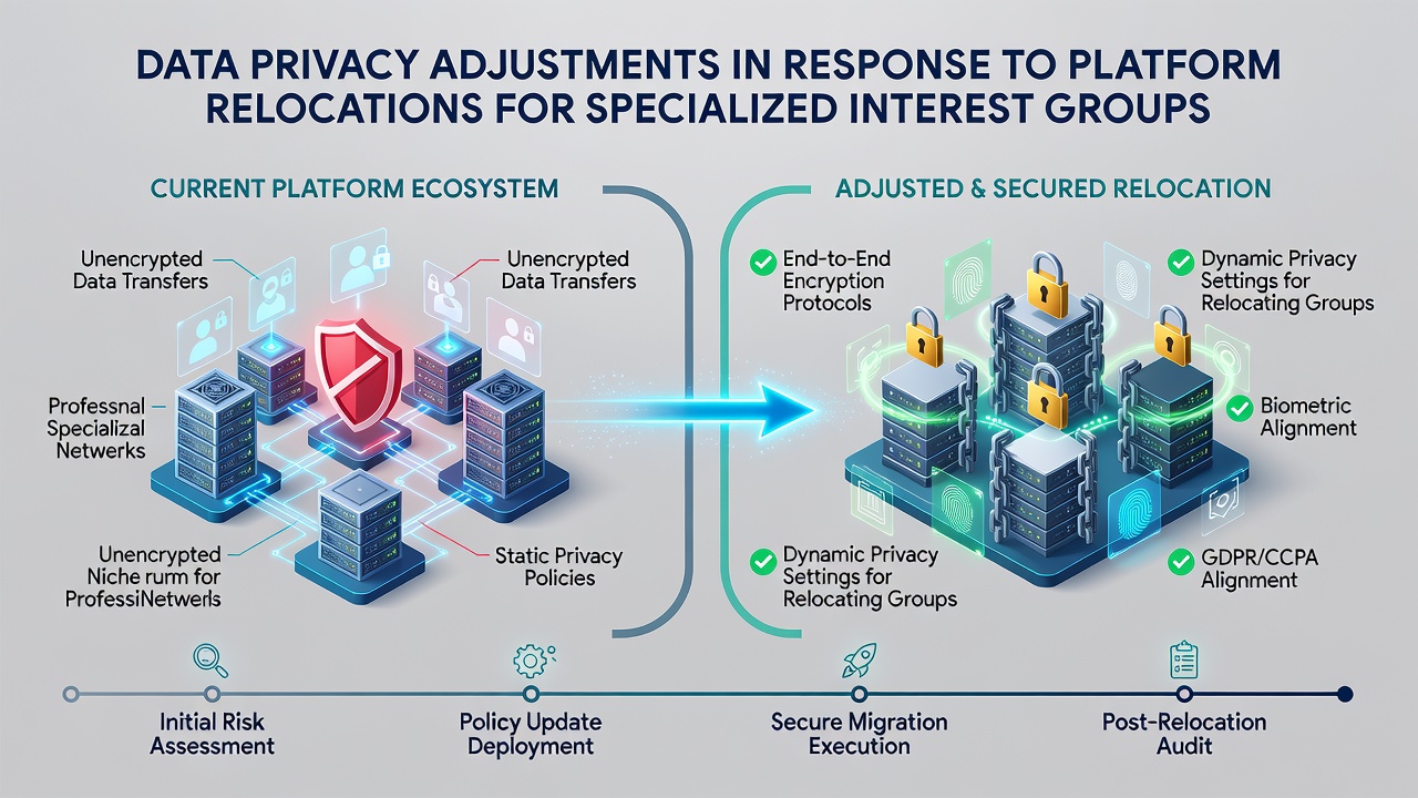 Specialized interest group members reviewing updated privacy settings on relocated platform